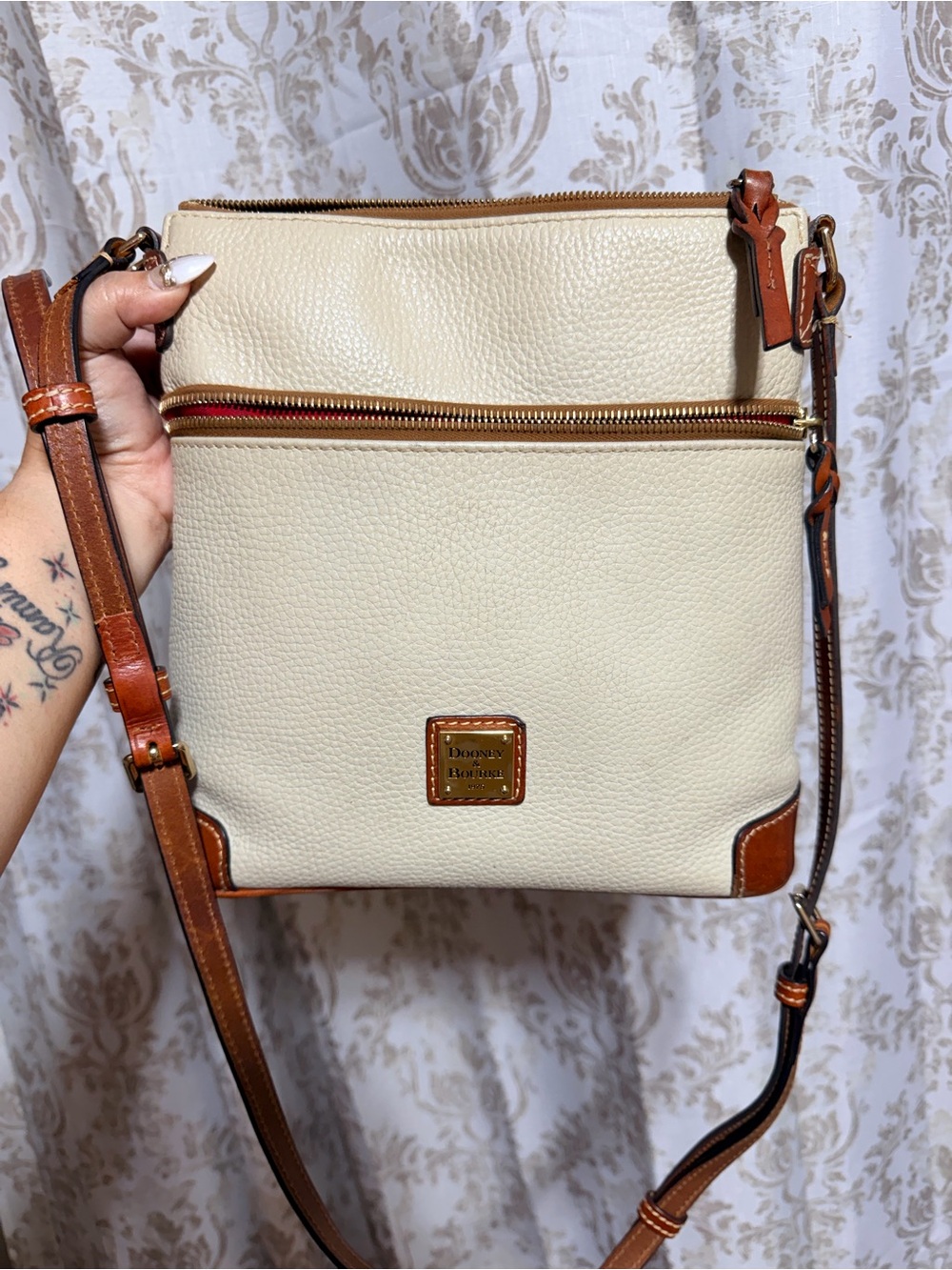 Dooney & Bourke Cream Leather Crossbody with Brown Trim and Strap